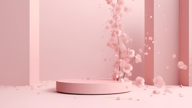 Sakura fiori rosa che cadono su un display podio con una tonalità rosa AI Generated