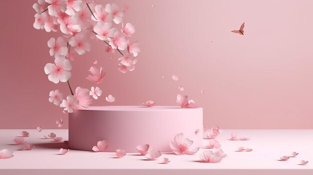 Sakura fiori rosa che cadono su un display podio con una tonalità rosa AI Generated