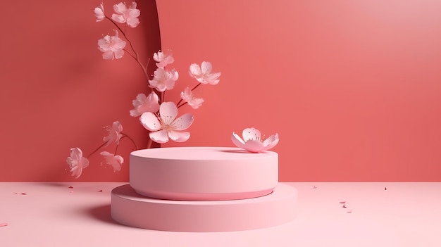 Sakura fiori rosa che cadono su un display podio con una tonalità rosa AI Generated