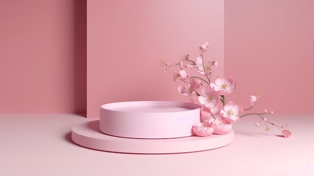 Sakura fiori rosa che cadono su un display podio con una tonalità rosa AI Generated