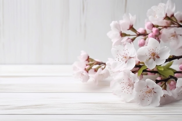 Sakura giapponese Fiore Fiore bianco su sfondo di legno Copia spazio incluso Creato con Generativ