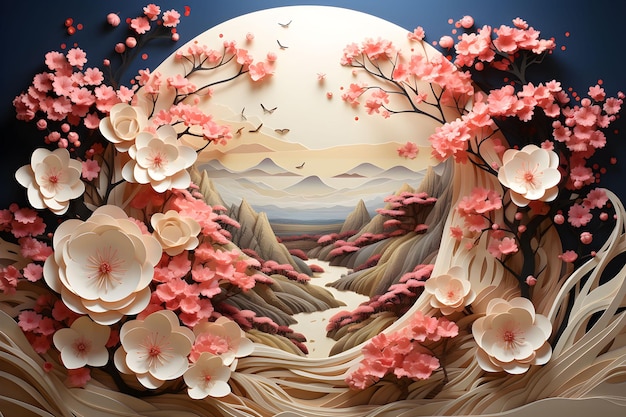 sakura illustrazione cinese carta kirigami artigianale