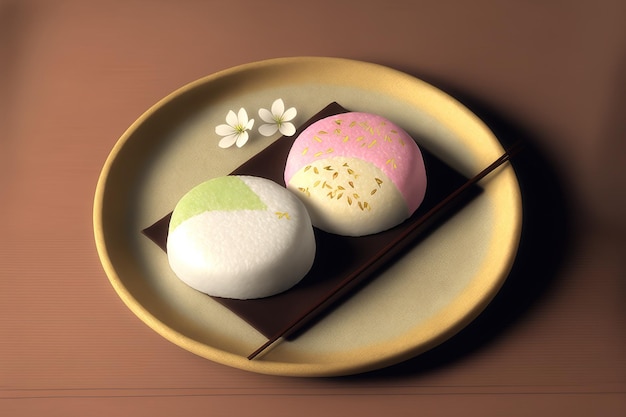 Sakura Mochi e una torta di riso Dango in tre diversi colori sono esposti su un vassoio