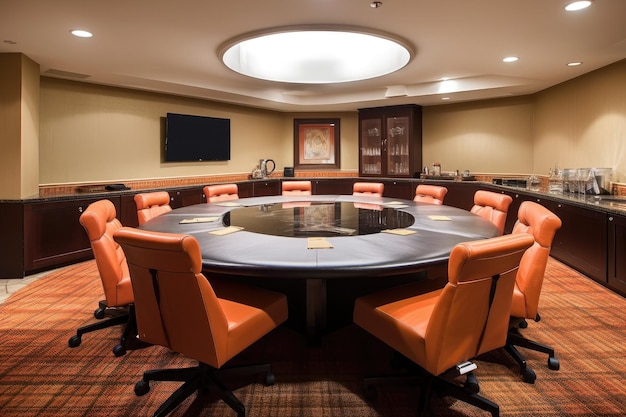 Sala aziendale con grande tavolo rotondo e sedie per il brainstorming di gruppo creato con intelligenza artificiale generativa