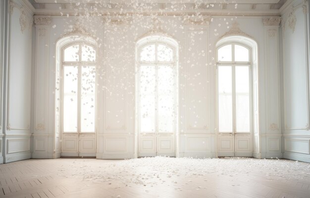 Sala bianca in stile classico moderno e sfondo di porta ad arco di lusso con sfondo di confetti che cade