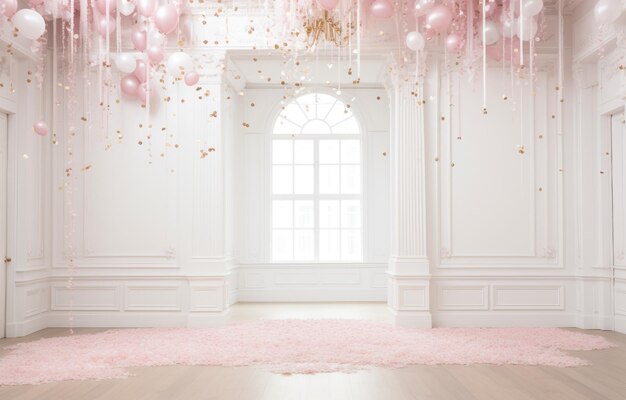 Sala bianca in stile classico rosa moderno e sfondo di porta ad arco di lusso con sfondo di confetti rosa cadente