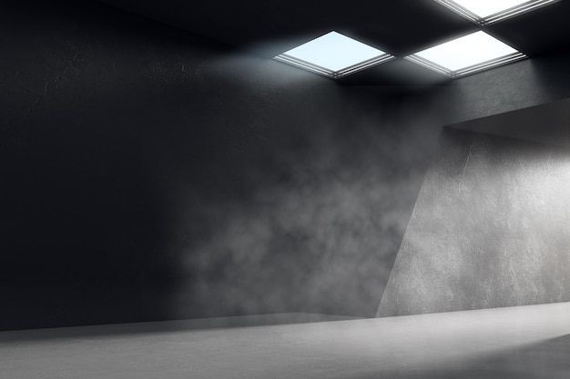 Sala buia e spaziosa con luci dall'ingresso del tunnel superiore e parete vuota per il logo e la presentazione 3D rendering mock up
