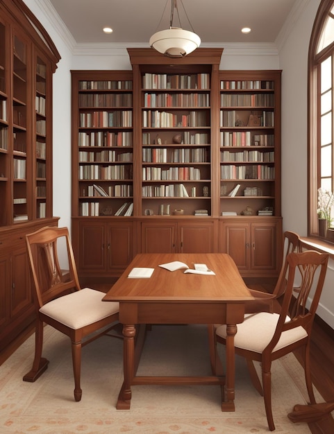 Sala con biblioteca e mobili in legno