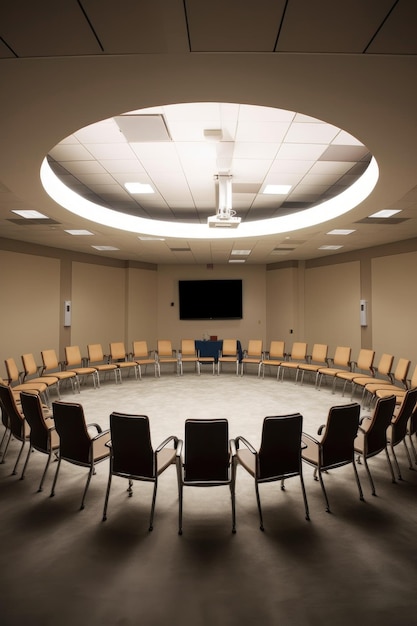 Sala conferenze con sedie disposte a cerchio realizzate con intelligenza artificiale generativa
