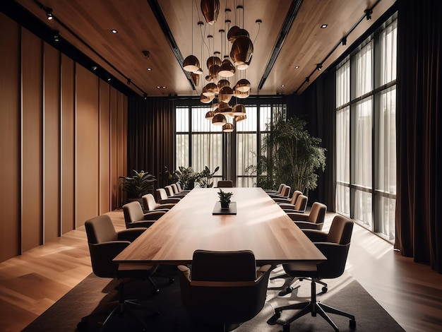 Sala conferenze in legno leggero ricca di mobili, spazio ben illuminato, IA generata