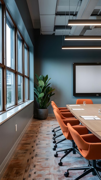 Sala conferenze moderna con sedie arancioni grandi finestre pareti blu illuminazione lineare schermo e p