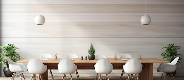 Sala conferenze vuota del centro affari con visualizzazione a tema bianco e legno