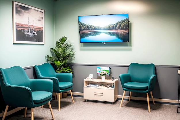 Sala d'attesa in clinica o in ufficio con comode sedie e grande smart tv