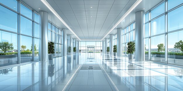 Sala d'ingresso moderna con pareti a tenda di vetro sui lati sinistro e destro dei blocchi di costruzione bianchi