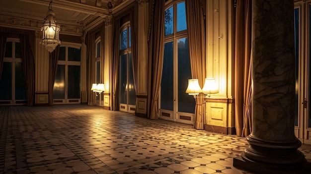 Sala da ballo del castello notte interno vuoto della sala del palazzo con lampade luminose Generative Ai