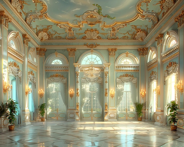 Sala da ballo regale con dettagli ornamentati e soffitti alti