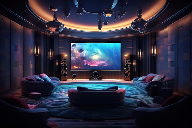 Sala da cinema a casa con illuminazione a LED colorata Casa intelligente IA generativa