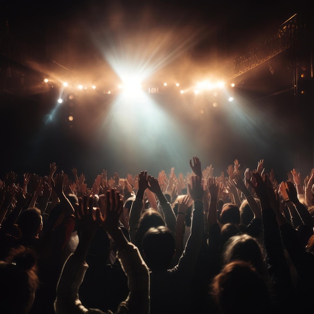 Sala da concerto buia con raggi di luce che illuminano il palco Le mani degli spettatori alzate di eccitazione
