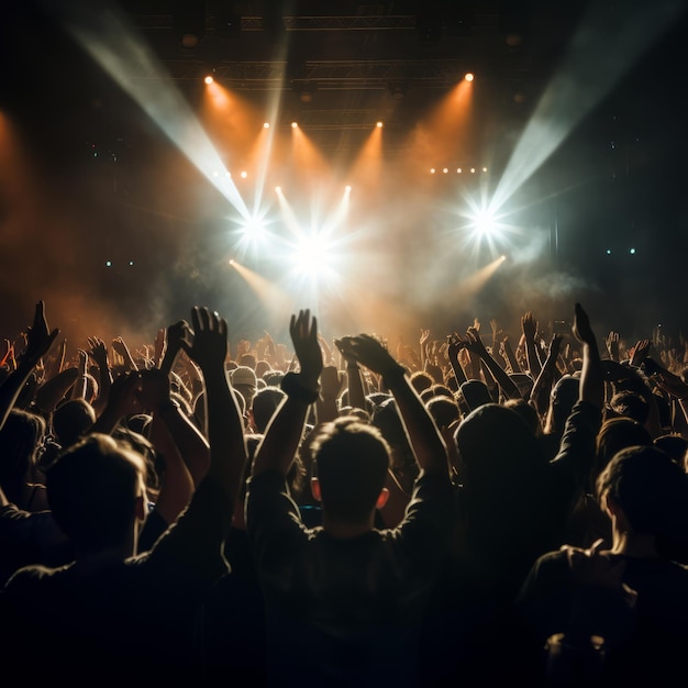 Sala da concerto buia con raggi di luce che illuminano il palco Le mani degli spettatori alzate di eccitazione