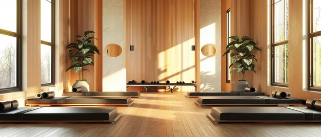 Sala da ginnastica moderna e soleggiata con finestre panoramiche e attrezzature per lo yoga Concetto di fitness e benessere