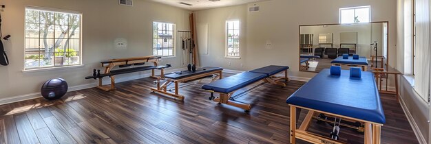 Sala da ginnastica moderna e soleggiata con finestre panoramiche e attrezzature per lo yoga Concetto di fitness e benessere