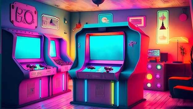 Sala da gioco di ispirazione retrò con macchine arcade e luci al neon