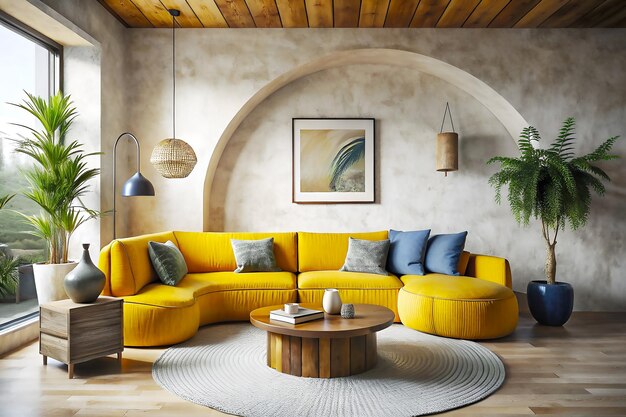 Sala da letto moderna con divano a forma rotonda di colore giallo con decorazione di cuscini di color giallo