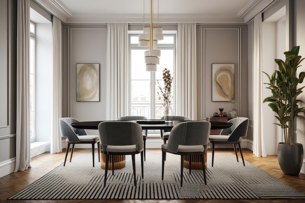Sala da pranzo art deco con tavolo elegante e sedie vaso oversize e tappeto geometrico