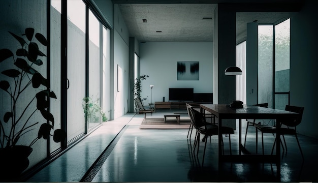 Sala da pranzo beige minimalista con un concetto di interior design chiaro e pulito