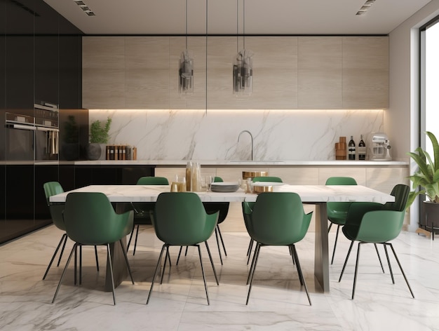 Sala da pranzo con cucina moderna con sedie in legno, ambiente perfetto per intrattenere