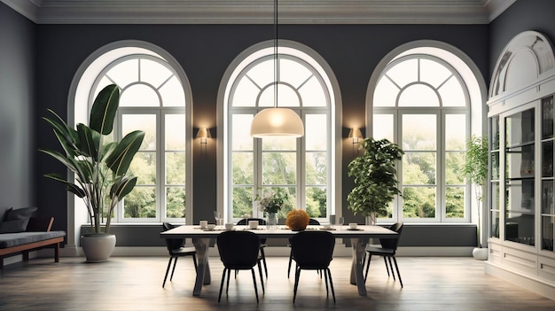 Sala da pranzo con finestre ad arco e pareti grigie