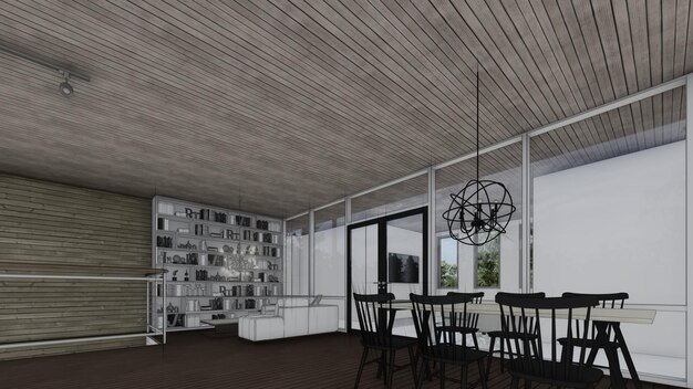sala da pranzo con libreria in casa all'aperto Illustrazione 3d di schizzo di architettura