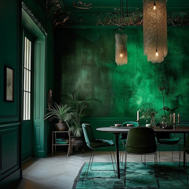 Sala da pranzo con pareti e sedie verdi Transizione gradiente da Deep Forest Green a Emerald