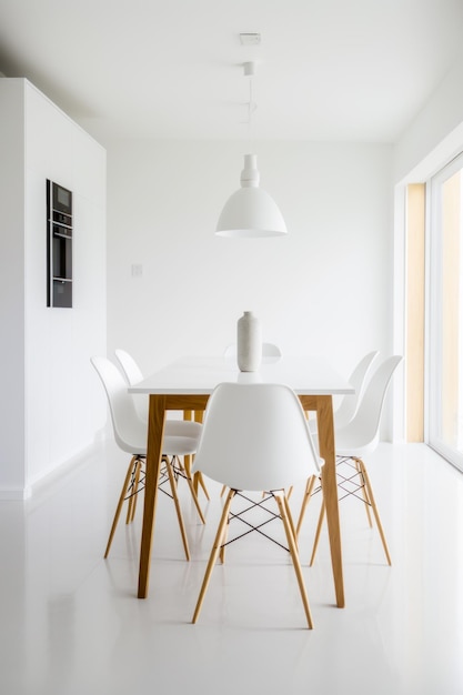 Sala da pranzo con tavolo bianco e sedie bianche e lampada bianca AI generativa