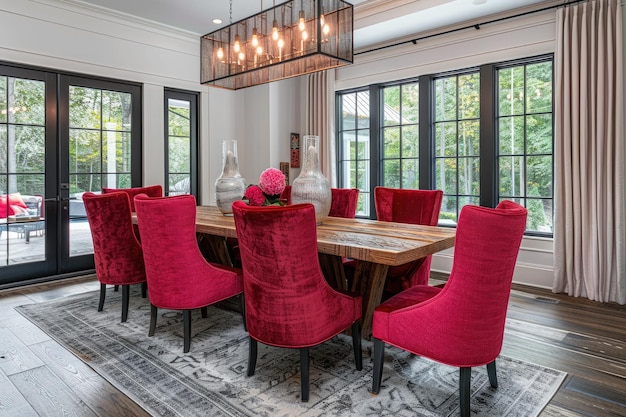 Sala da pranzo con tavolo di legno e sedie rosse