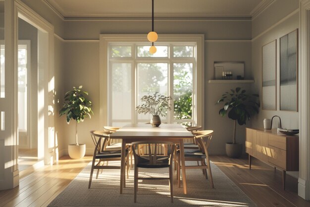 Sala da pranzo di ispirazione scandinava con tono neutro