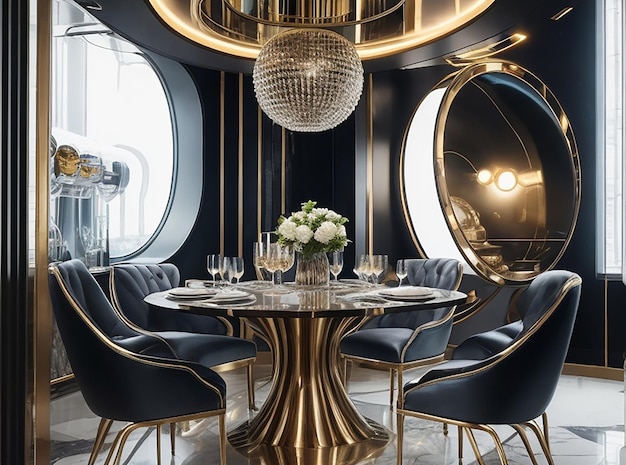 Sala da pranzo di lusso con rendering 3D in una moderna sala da pranzo di lusso con illuminazione futuristica