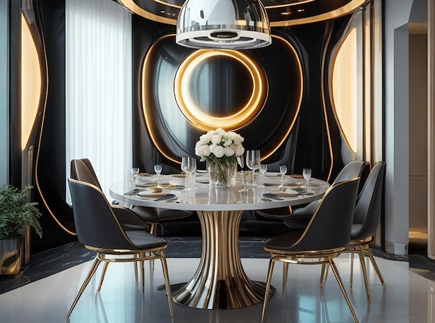 Sala da pranzo di lusso con rendering 3D in una moderna sala da pranzo di lusso con illuminazione futuristica