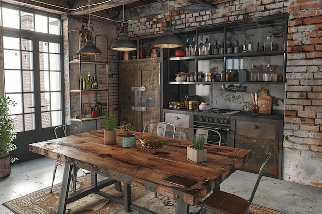 Sala da pranzo di una fattoria industriale con legno rustico