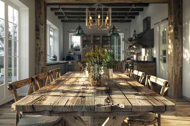 Sala da pranzo di una fattoria rustica con legno recuperato