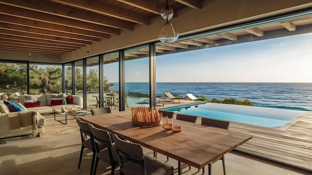 Sala da pranzo e soggiorno con vista sul mare di una lussuosa casa da spiaggia estiva con piscina vicino a una terrazza in legno