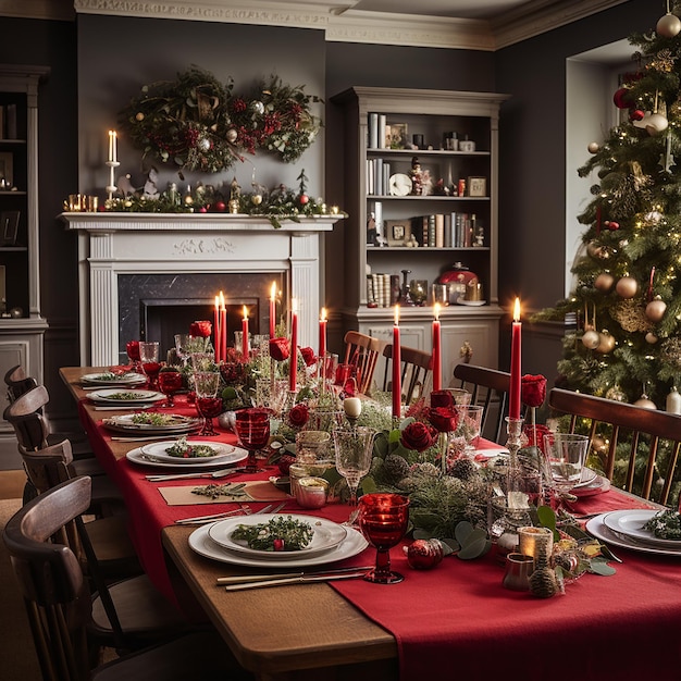 sala da pranzo festiva con un lungo tavolo apparecchiato per una decorazione natalizia
