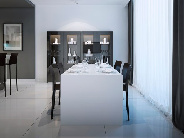 Sala da pranzo in cucina dal design minimalista e tavolo bianco per sei persone con interni in bianco e nero.