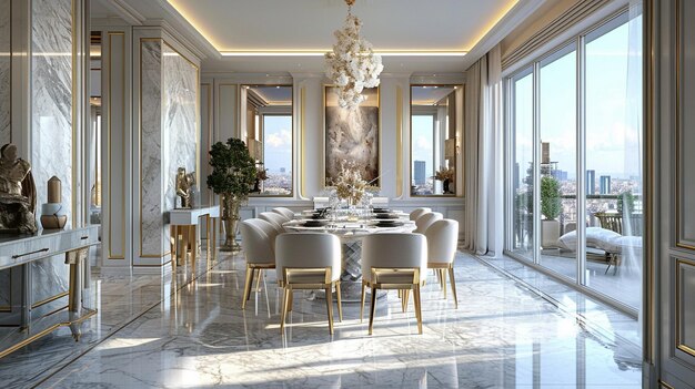 Sala da pranzo in marmo con vista sul paesaggio cittadino e eleganti tavole