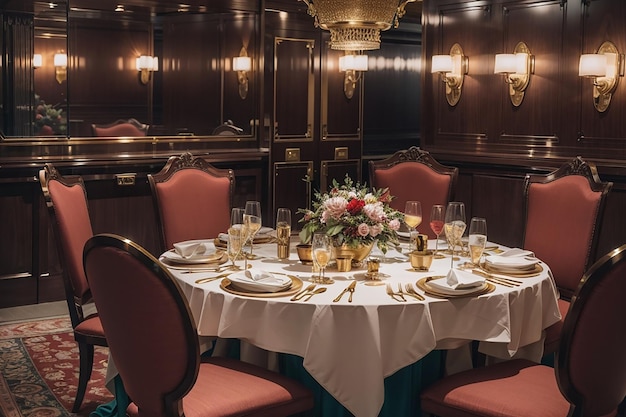 Sala da pranzo in stile Art Deco sul transatlantico, elementi nautici in ottone lucido e glamour dei ruggenti anni Venti