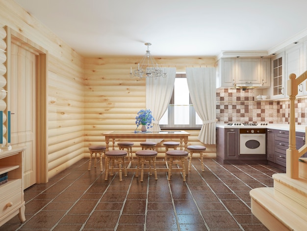 Sala da pranzo in un interno di tronchi con piastrelle marroni sul pavimento e pareti in legno chiaro