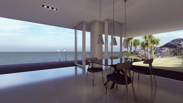 Sala da pranzo interni di lusso casa moderna mare e giardino sfondo illustrazione 3d