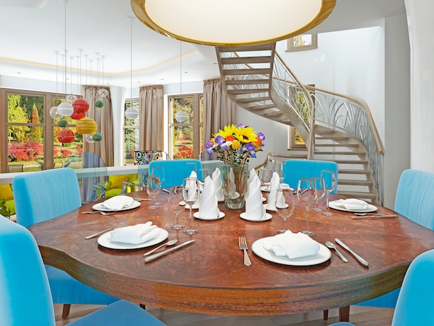 Sala da pranzo moderna con cucina e tavolo da pranzo rotondo con comodi