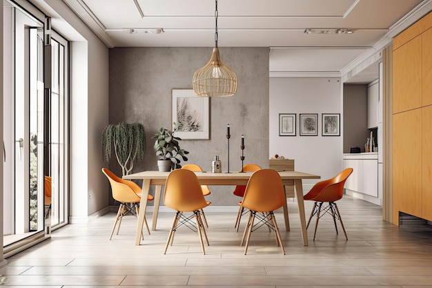 Sala da pranzo moderna con tavolo e sedie arancioni IA generativa