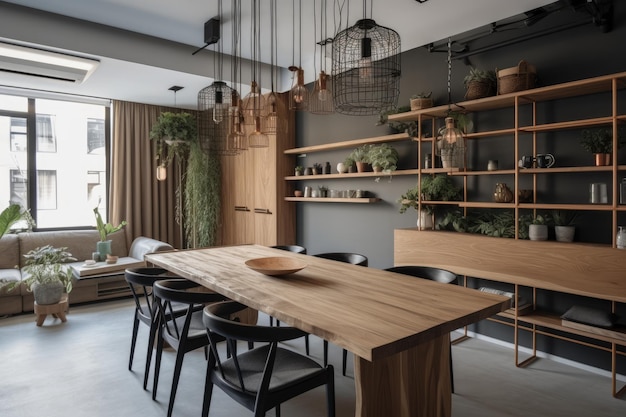 Sala da pranzo moderna con un elegante tavolo in legno e sedie nere IA generativa